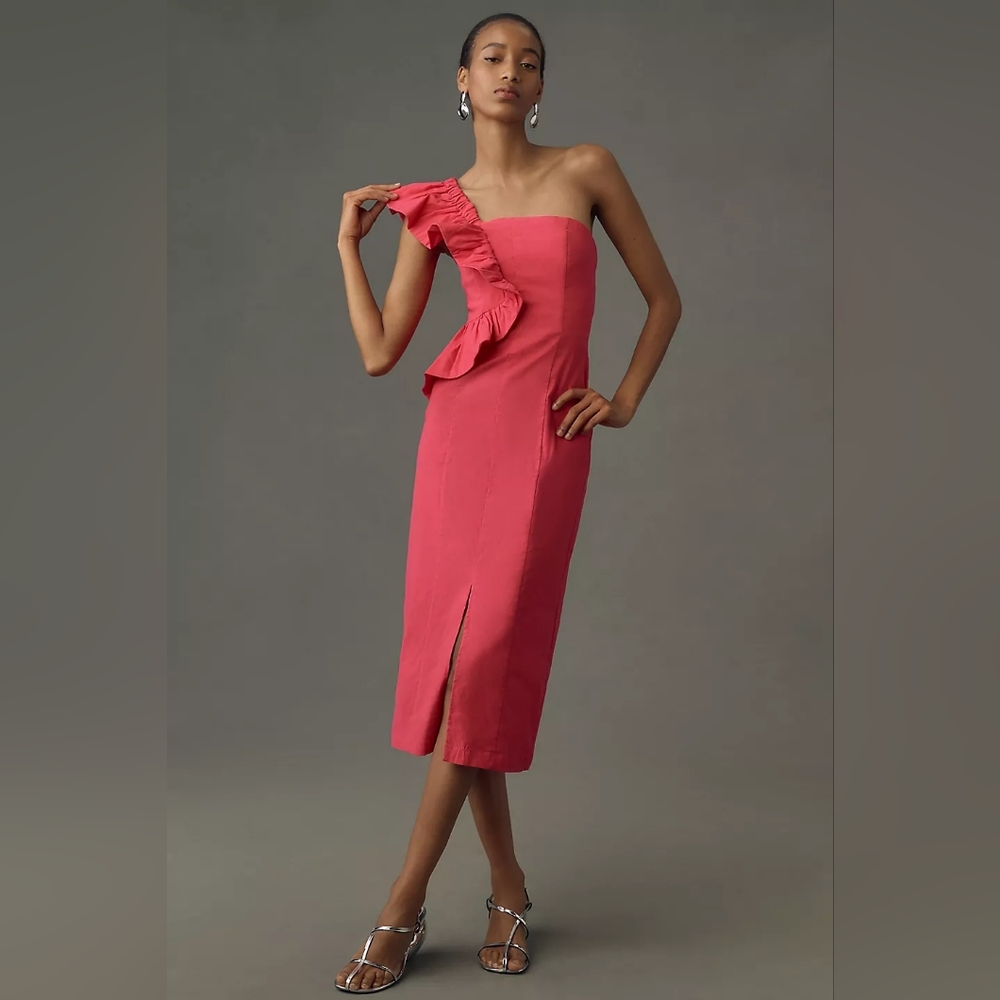 Anthropologie One-Shoulder Ruffle Linen Column Midi Dress Pink XL